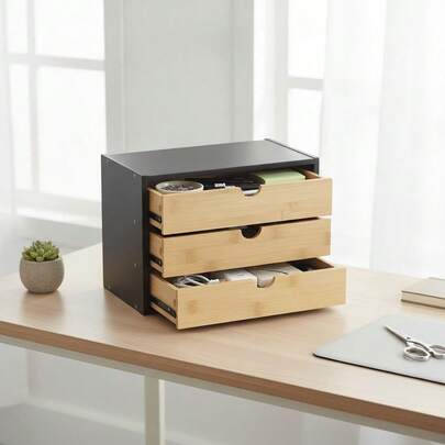 Inde CONFORTIME | Commode de rangement 3 tiroirs en bambou et noir, 30,8 x 19,7 x 22,1 cm, organiseur de bureau et de tiroirs, commode étroite, unité de rangement