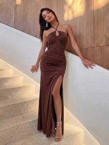 Brown Elegant Halter Neck Maxi Dress With Dramatic High-Leg Slit, Dress For Wedding Guest, Date Night, Beach Vacation, Summer Going Out, Graduation - Brown - View 4