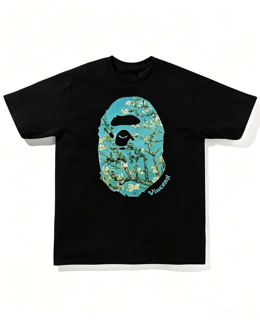 BBA.P.E Design Herren-T-Shirt – ein lässiges, weißes Kurzarm-T-Shirt mit Affenmotiv, atmungsaktivem Rundhalsausschnitt und lockerer Passform - Schwarz - Übersicht 1