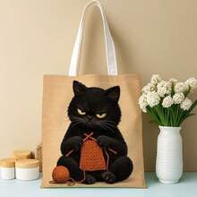 1pc Cute Animal Illustration Realistic Tote Bag, Cat Knit Comfortable Soft Detail Design Reusable Shopping Bag, Multifunctional Double-Sided Print Handbag, Casual Style, Perfect For Book Lovers - Multicolor - View 8