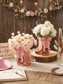 12pcs Pink Bow Denim Boots Flower Box, Wild West & Cowboy Birthday, Country Western Party Candy & Bouquet Holder Paper Box, Elegant Floral Centerpiece Decoration, Wedding Table Decor, Birthday Gift Box, Bachelorette Party Decor, Baby Shower Supplies, Gender Reveal Party Supplies, Girls Birthday DIY Party Gift Box, Bridal Shower, Baby Shower, Wedding Decor - Pink Shoes - View 5