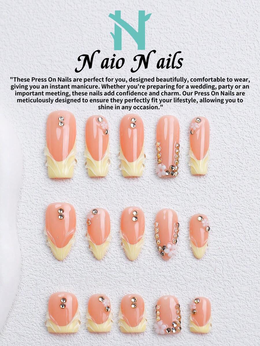 NAIO 10片/組手工穿戴式假指甲,3種尺寸:棺材形/杏仁形/短方型,Y2K法式風格,桃色與黃色漸層指甲搭配3D花瓣設計,水鑽與花卉裝飾,適合女性與女孩,派對與日常穿戴,美甲用品 - 彩色 - 查看 1