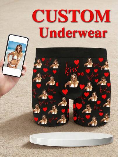 1pc Men Custom Photo Print Heart Pattern Black Soft Breathable Casual Boxer Shorts For Daily Wear