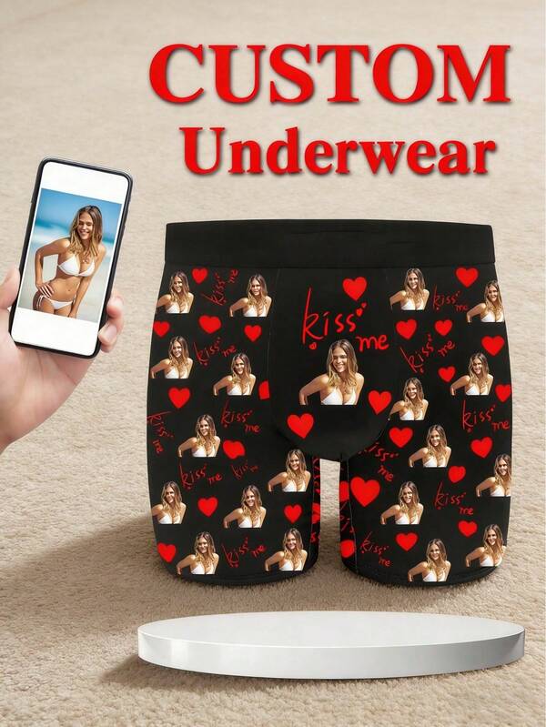 1pc Men Custom Photo Print Heart Pattern Black Soft Breathable Casual Boxer Shorts For Daily Wear