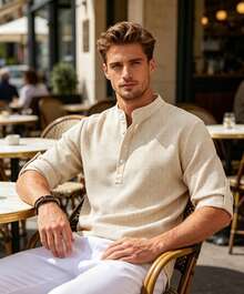 Men's Casual Long-Sleeved Loose Waffle Shirt - 卡其-1 - 查看 1