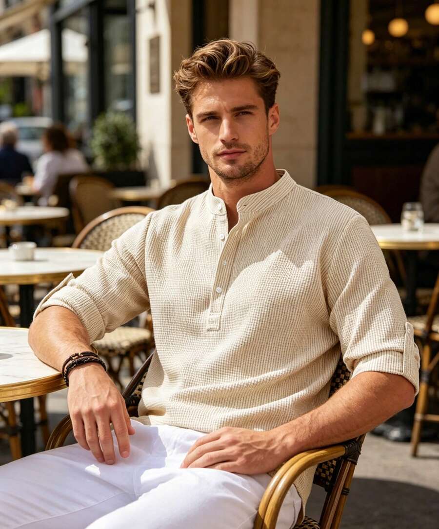 Men's Casual Long-Sleeved Loose Waffle Shirt - 卡其-1 - 查看 1