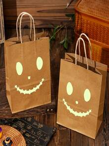 6pcs/Set Halloween Fluorescent Kraft Paper Gift Bags, Pumpkin Face Kraft Paper Bags, Trick Or Treat Bags - Multicolor - View 6