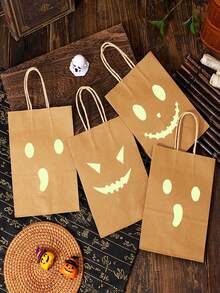 6pcs/Set Halloween Fluorescent Kraft Paper Gift Bags, Pumpkin Face Kraft Paper Bags, Trick Or Treat Bags - Multicolor - View 5