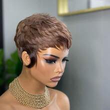 Peruca Pixie Curta para Mulheres, Cabelo Humano, Respirável, Leve, Peruca Curta para 1B, Corte Pixie Curto em Camadas, Peruca de Reposição de Cabelo, Uso Diário, Peruca Sem Cola, Sem Renda Frontal, Peruca Totalmente Feita à Máquina para Uso Diário, Todos os Cenários - Multicolorido - Visão 13