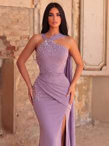 Elegant Halter Neck Pleated Rhinestone Evening Dress, Backless Design With Adjustable Straps Wedding Party - Dusty Pink - View 3