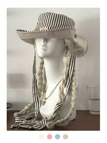 Wide Brim Striped Bucket Hat Beach Vacation Sun Hat Vintage Patchwork Contrast Color Drawstring Large Brim Bucket Hat Boho Vacay Spring Summer Sun Hat Bright Monochromatic Looks Tie-Up Sun Protection Hat Travel UV Protection - Striped Color Blocking - View 11