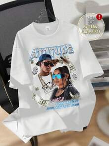 Custom Minimalist Casual T-Shirt, White Crew Neck Short Sleeve Portrait Print T-Shirt, Women's Loose Summer Casual T-Shirt - Vintage Urban Style, Cam - 白色 - 查看 1