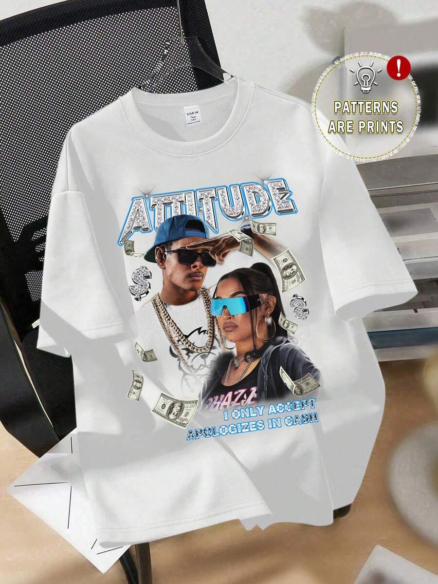 Custom Minimalist Casual T-Shirt, White Crew Neck Short Sleeve Portrait Print T-Shirt, Women's Loose Summer Casual T-Shirt - Vintage Urban Style, Cam - 白色 - 查看 1
