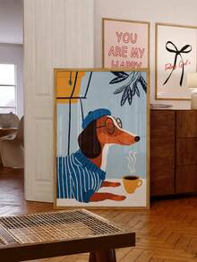 1pc Frameless Wall Art Print Of Dachshund Wearing Blue Beret And Glasses, Striped Sweater Dog Drinking Yellow Coffee Cup, Playful Animal Lover Poster Suitable For Living Room, Bedroom, Dorm, Room Decoration, Fun Poster, Wall Print, Vintage Decor, College Dorm Essentials - Frameless C - View 2