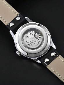 1 buah Jam Tangan Mekanik Otomatis Pria LONGLUX, Jam Tangan Pilot Vintage dengan Dial Berongga dan Tali Kulit Bercahaya, Cocok untuk Pemakaian Sehari-hari dan Hadiah Liburan - Biru - View 6