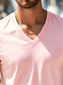 男士素色V領休閒日常夏季短袖上衣 - 粉色 - 查看 6