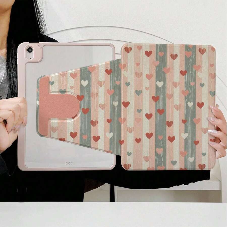 1 pieza Funda protectora para tableta con patrón de rayas mate y corazones, rotación de 360°, soporte magnético multiángulo, con función de suspensión/activación automática, compatible con iPad PRO/AIR, Pad 5/6/7, Pad, Matepad, Pad, Honor Pad, Pad - Multicolor - Ver 1