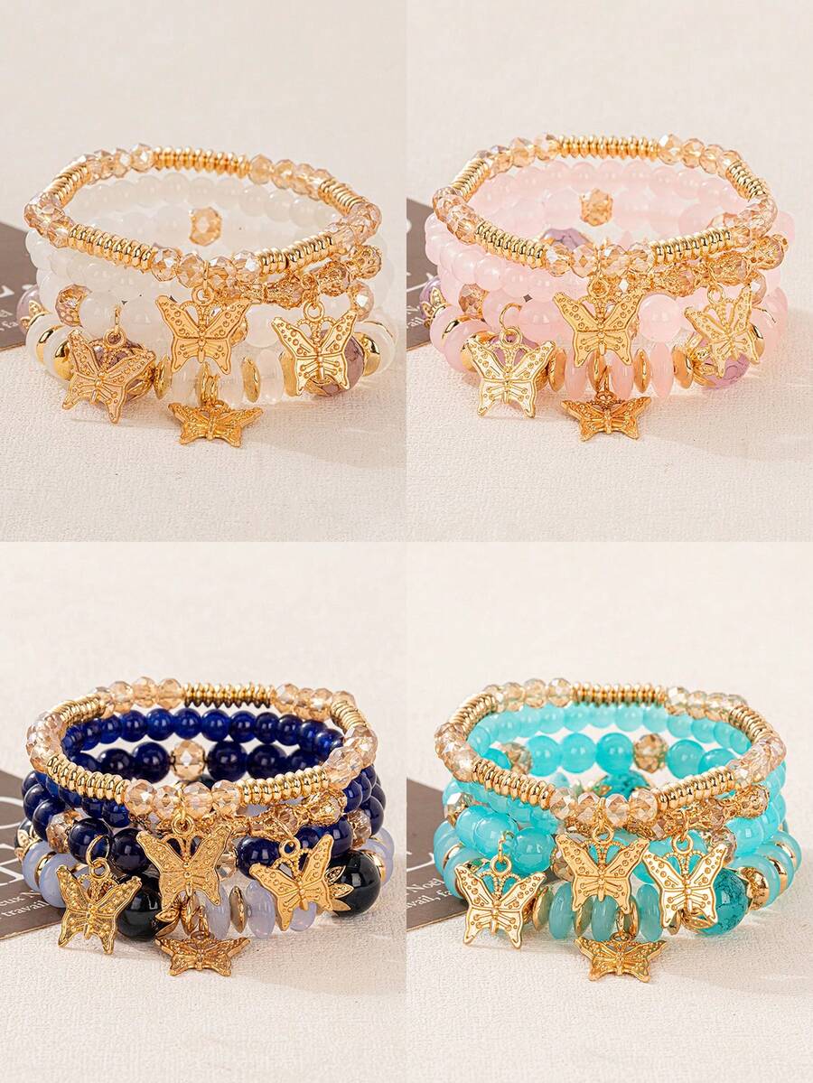 4 piezas/Set Pulsera de cuerda elástica con cuentas y colgante de mariposa de aleación estilo bohemio multicapa Temporada de regreso a la escuela - Multicolor - Ver 1