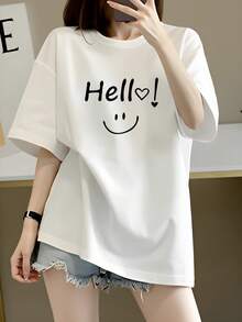 Cute Blouses. Women's 100% Short-Sleeved T-Shirt With Heart-Shaped Smile Print, Unisex, Available In Black, White, Red, Light Gray And Dark Gray, Casual And Classic Style - 黑色 - 查看 5