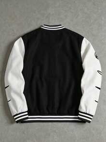 1pc Tween Boys Outdoor Sports Street Casual Daily Commute Minimalist College Style Creative Number & Letter Print Loose Baseball Jacket - Black - View 2