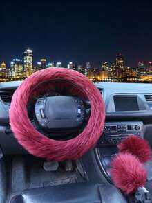1set New Style Car Faux Wool Long Plush Steering Wheel Cover Handbrake Gear Shift Cover Decor 3pcs Set - Multicolor - View 7