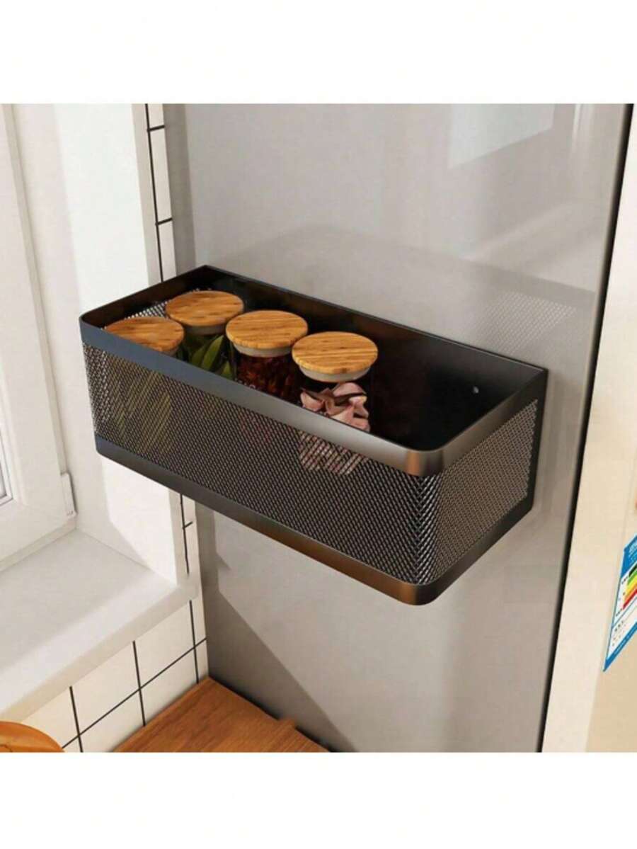 1pc Kitchen Storage Rack, Magnetic Side Fridge Storage Rack, Magnetic Hanging Basket For Gap, Spice Rack, Kitchen Storage, Kitchen Utensils, Kitchen Accessories, Kitchen Organizer Basket - Multicolor - View 1