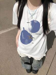 街頭風復古灰色寬鬆垂墜修身藍色紮染印花短袖T恤休閒夏季白色 - 白色 - 查看 3