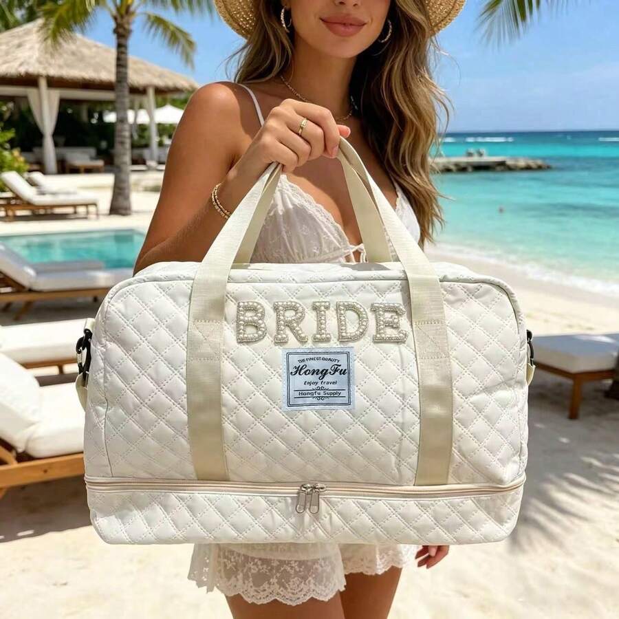 1个大号米色奢华婚礼手提包,拉链封口,适用于婚礼、新娘、派对用品、单身派对、准新娘、婚礼装饰、理想的伴娘礼物、适合婚礼派对、周年纪念日 - Bride大號旅行包 - 查看 1