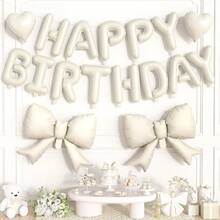 20 Stücke und 15 Stücke Set cremeweiße Happy Birthday Banner + 21-Zoll cremeweiße Schleifenballons + 18-Zoll herzförmige Folienballons, geeignet für Mädchen, Geburtstagsdekoration für Frauen, Prinzessinnen-Stil Partydekoration, cremefarbene Geburtstags-Themen-Partydekoration Ballons - Geburtstag - View 11