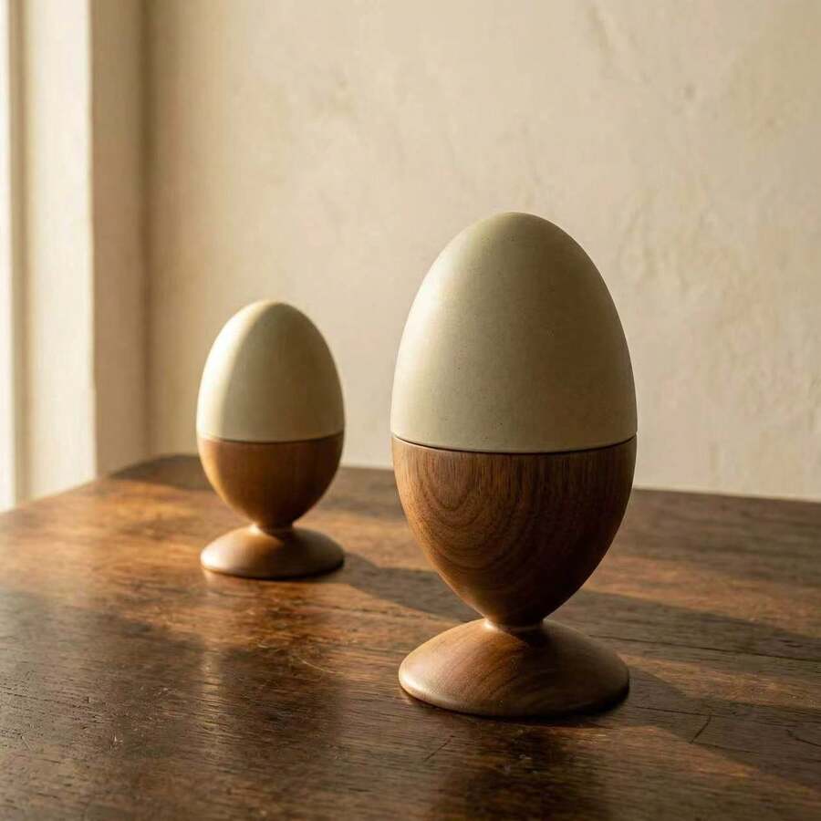 1pc Wooden Egg-Shaped Vintage Style Fruit Fork & Spoon Storage Jar With Ceramic Dust-Proof Lid, Creative High-Value Home Fruit Skewer Holder, Premium Restaurant Tableware Organizer, Coffee Table Desktop Decor - View 1