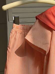 小男孩小女孩夏季女童休閒學院風翻領黃白條紋短袖襯衫，黑色刺繡細節+披肩裝飾+配套長褲3件套，適合日常戶外、上學、通勤、度假 - 亮橙色 - 查看 5