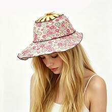 Topi Matahari Lipat 2-in-1 dengan Kipas Genggam, Topi Matahari Portabel dengan Tali Pengikat Terintegrasi, Topi Matahari Anyaman Bambu Motif Bunga untuk Wanita - Topi Kipas Lipat 2-in-1 - View 4