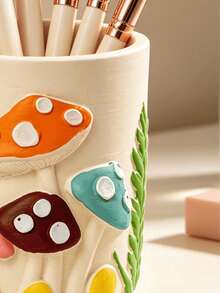 1pc Cute Mushroom & Line Pattern Makeup Brush Holder, Cream Style Large Capacity Desktop Makeup Brush Bucket, Exquisite Desktop Storage For Vanity, Bathroom And Bedroom, Large Capacity Cosmetic Storage Cup, Smooth Glazed Vanity Organizer, Ideal Gift For Women, Home Decor - A - View 10