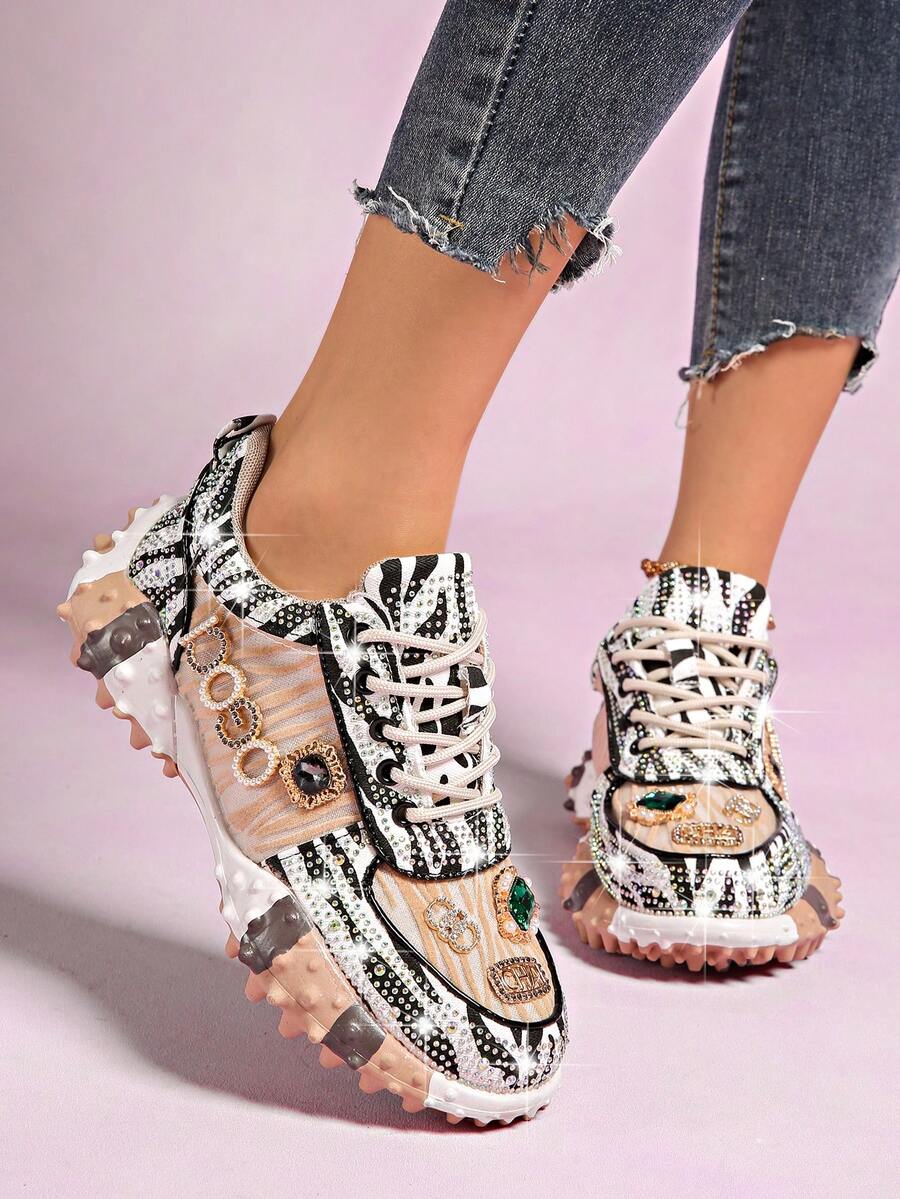 2026 Spring Women's Rhinestone Sneakers, Breathable Water Diamond Casual Outdoor Flat Shoes, Fashion Versatile Platform Party Shoes - Multicolor - View 1