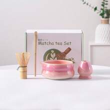 4pcs Classic Japanese Kiln-Fired Ceramic Matcha Tea Set, Includes Matcha Bowl With Lip, Whisk, Spoon, In White Color Gift Box, Song Dynasty Tea Ceremony Style - Baby Pink - View 6