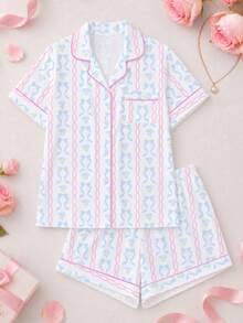 ROMWE Kawaii 2pcs/Set Women's Pajama Set, Bow Print, Women's Loungewear, Spring/Summer Holiday Outfit, Short Sleeve Top And Shorts Set - Blue - View 10