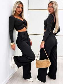 Solid Color High-Waisted Trousers, Casual And Versatile For Everyday Wear, For Spring - Black - View 5