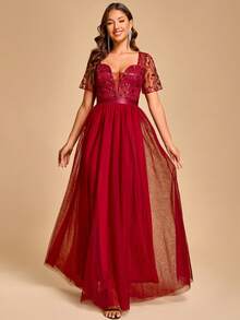 Women's Mesh Patchwork Pleated Elegant Cinched Waist Evening Bridesmaid Dress - Burgundy - View 3