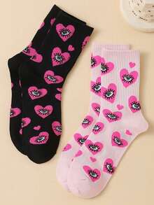 2 Pairs Women's Fashion Eye And Heart Pattern Mid-Calf Socks, Holiday - Multicolor - View 3