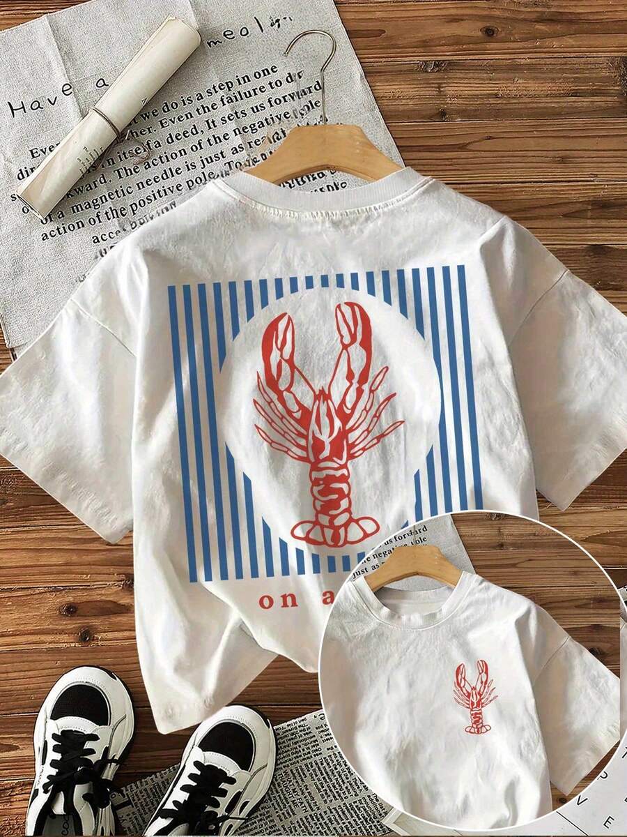 [Front And Back Double Image] Summer Easy Style Lobster Stripe Roll-Up Printed Short Sleeve Round Neck T-Shirt - 白色 - 查看 1