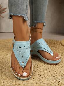 Women's Light Blue Toe-Post Wedge Sandals, Hollow Breathable Soft Sole Casual Slides, Beach Vacation Fashion Bohemian Casual Hollow Wedge Thick Sole Sandals For Outdoor Summer - Baby Blue - View 3