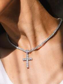 1pc Women's Hip Hop Style Copper Inlaid Zirconia Cross Necklace, Daily Layering Accessory Gift (Random Zirconia Quantity On Chain), Summer Beach Vacation - Silver - View 1