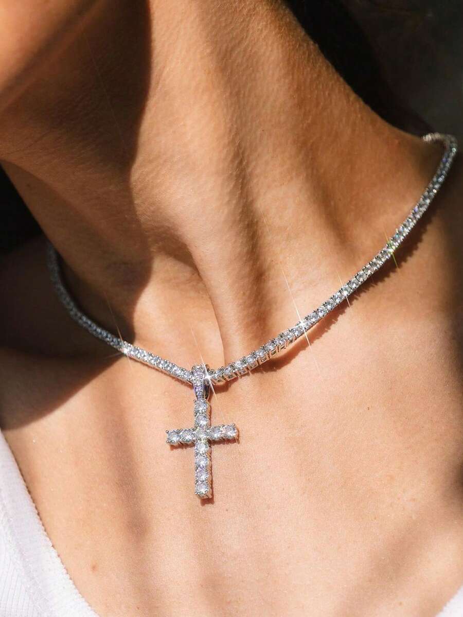 1pc Women's Hip Hop Style Copper Inlaid Zirconia Cross Necklace, Daily Layering Accessory Gift (Random Zirconia Quantity On Chain), Summer Beach Vacation - Silver - View 1