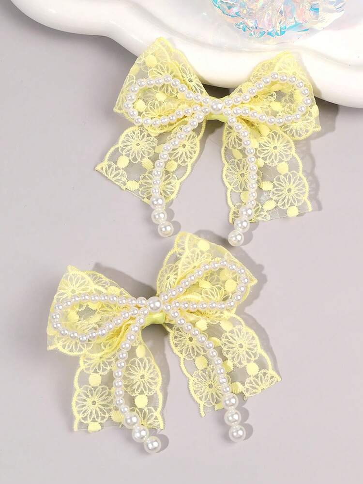 2件組女孩蕾絲髮蝴蝶結 黃色刺繡花朵髮夾 夏季優雅婚禮派對髮飾 精靈珍珠髮夾 青少年髮飾 - 黃色 - 查看 9