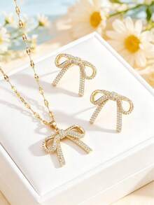 1 Set Stainless Steel Chain Zirconia Bow Pendant Fashion Necklace & Earrings Jewelry, Gift Accessory - Style a - One Size - View 1