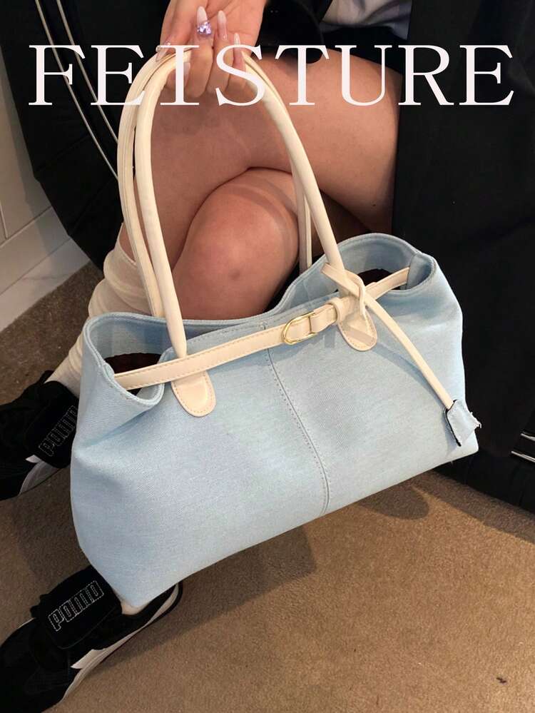 FEISTURE 1 pieza Bolso de hombro de mujer con diseño de bloques de color de moda, bolso tote de gran capacidad, adecuado para niñas, mujeres, estudiantes universitarias, nuevos profesionales y trabajadores de cuello blanco, perfecto para el trabajo, los negocios, el transporte y la escuela - Azul y blanco - Añade 2