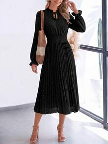 PRETTYGARDEN Women's Spring Fall Midi Dress Casual Long Sleeve V Neck Swiss Dot Pleated A Line Flowy Dresses New Years Party Valentine Vacation Dresses For Women - 黑色 - 查看 3
