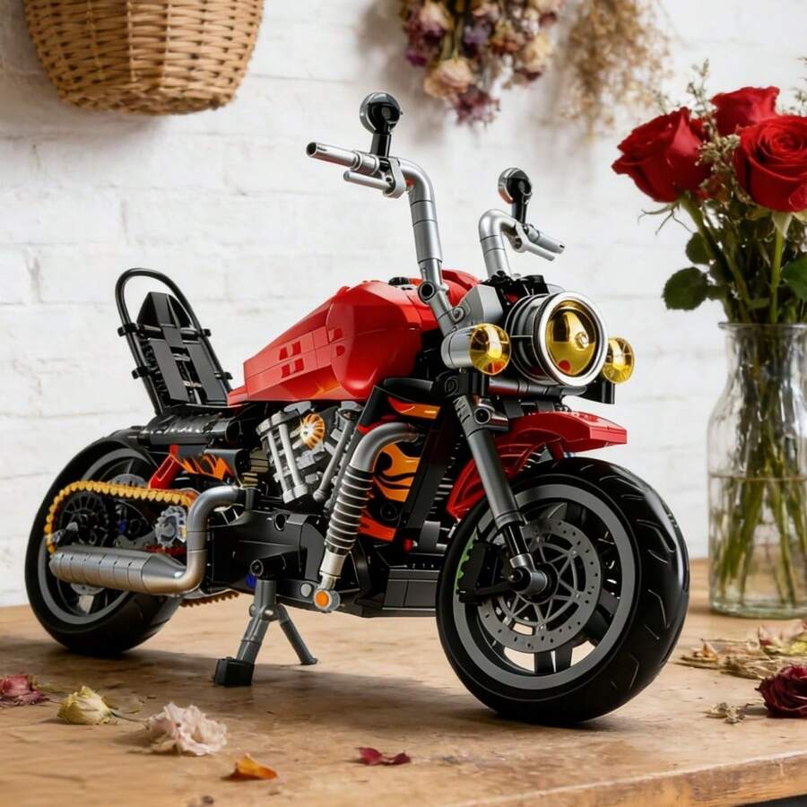 1 pieza Modelo de Motocicleta Cruiser Americana Rojo Llama, Motor V-Twin Enlazado con Precisión + Horquilla Delantera con Resorte + Cadena de Transmisión Dorada, Romance Mecánico Vintage Ensamblado a Mano, Un Regalo de Libertad y Pasión, Versión Estática, Sin Batería, Sin Caja de Color - Multicolor - Ver 1