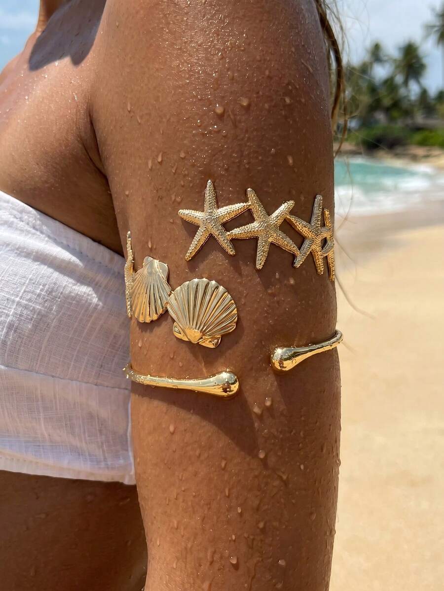 2件組夏季度假水滴海星貝殼手環,適合女性海灘旅遊穿搭 - 金色 - 查看 1
