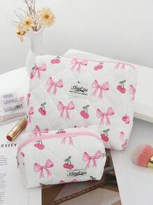 1 pieza/Set Bolsa de cosméticos acolchada con estampado lindo de cereza & lazo, almacenamiento para artículos de tocador, bolsa multiusos para maquillaje & artículos sanitarios para niñas, uso de viaje & diario - Multicolor - Ver 14